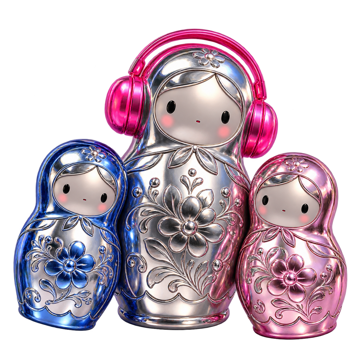 Three glossy chrome, blue, and pink matryoshka dolls wearing futuristic headphones
